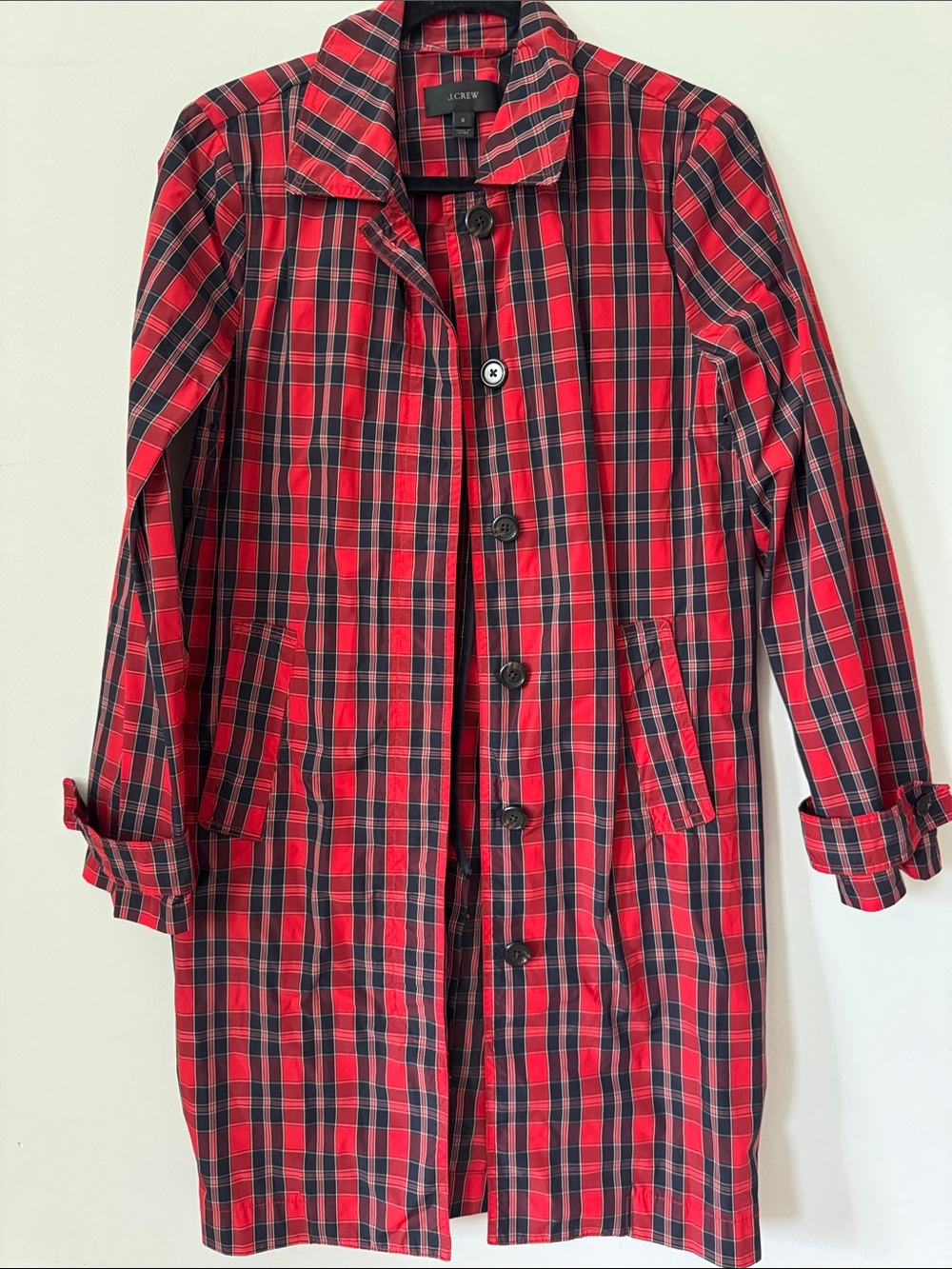 J. Crew Womens Red Plaid Nylon Rain Coat Size 0 - Picture 2 of 7